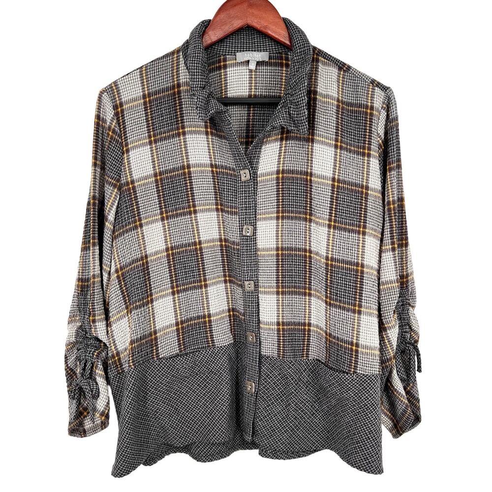 Habitat Small Gray Yellow Plaid Gauze Wearable Art to Wear Winter Shirt Top